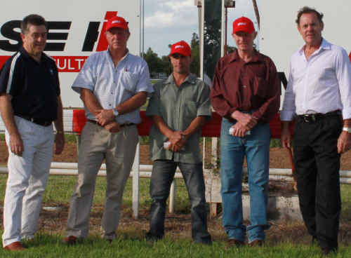 AWARDS: Emerald Jockey Club president Leon Roberts with Owner of the Year, Tony Button; Jockey of the Year, Mark Barnham; Trainer of the Year, Ross Meek; and Milne Bros principal Ron Milne. ad-271110-081 AWARDS: Emerald Jockey Club president Leon Roberts with Owner of the Year, Tony Button; Jockey of the Year, Mark Barnham; Trainer of the Year, Ross Meek; and Milne Bros principal Ron Milne. ad-271110-081